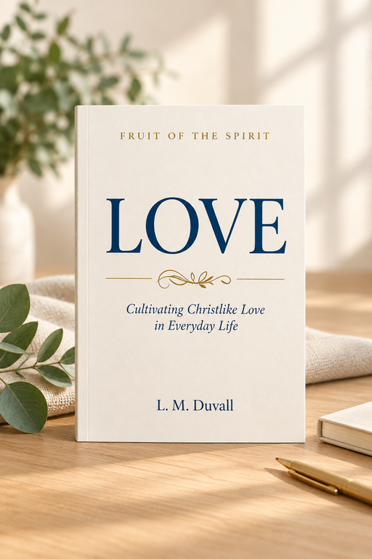 Fruit of the Spirit: LOVE adult Christian Bible study by L. M. Duvall, displayed on a light oak tabletop with soft natural lighting, cream fabric, and greenery. The book focuses on cultivating Christlike love in everyday life.