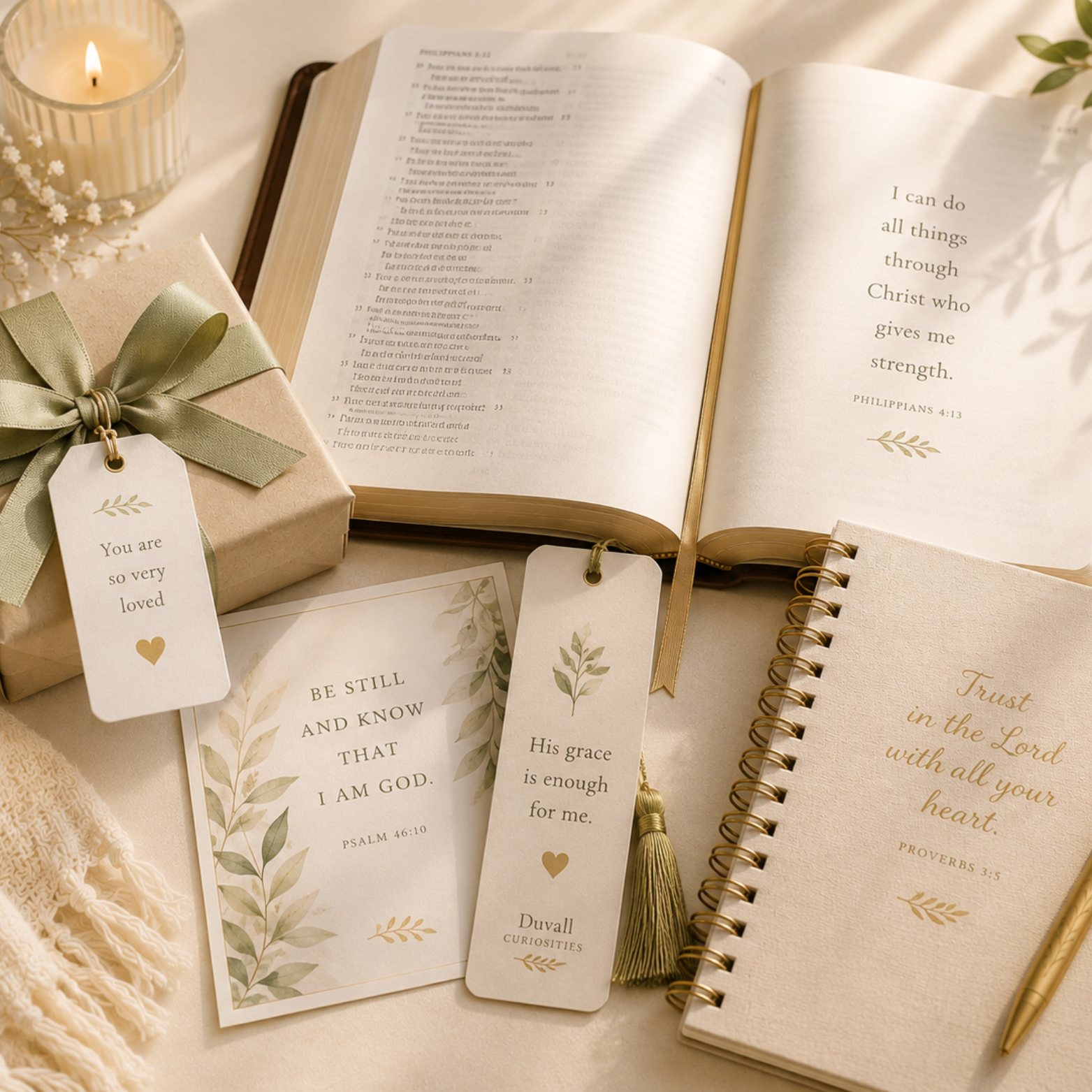 Open book with inspirational quotes, gift box, and decorative items on a soft surface.