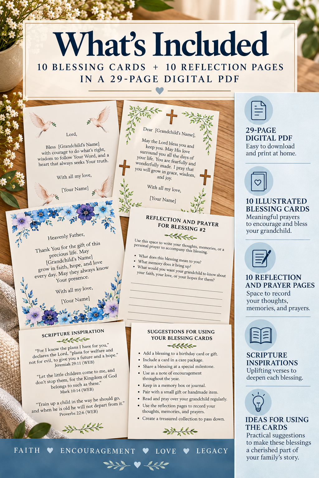 Grandparent Blessing Cards 29-page digital PDF collection by L. M. Duvall, featuring 10 illustrated Christian blessing cards, 10 reflection and prayer pages, Scripture inspirations, and suggestions for sharing blessings. Includes previews of floral, dove, and cross-themed cards designed to help grandparents share faith, love, encouragement, and lasting memories with grandchildren.