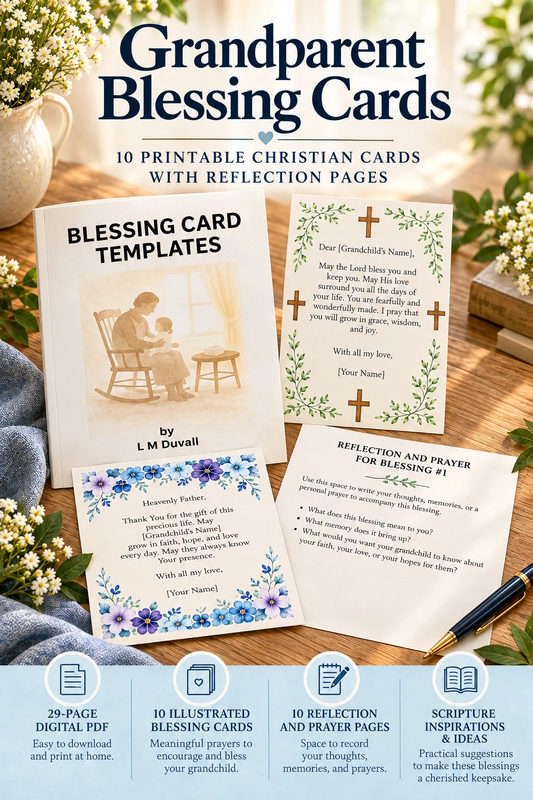 Grandparent Blessing Cards 29-page Christian printable PDF by L. M. Duvall, featuring the original booklet cover, illustrated blessing cards with floral and cross designs, and a reflection and prayer page. Includes 10 personalized blessing cards, 10 reflection pages, Scripture inspirations, and ideas for sharing faith, love, and encouragement with grandchildren.