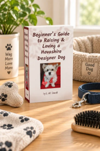 Beginner’s Guide to Raising & Loving a Havashire Designer Dog by L. M. Duvall displayed with a leash, grooming brush, and dog accessories.