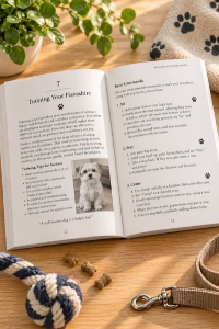 Interior training pages from Beginner’s Guide to Raising & Loving a Havashire Designer Dog showing basic commands and dog training tips.