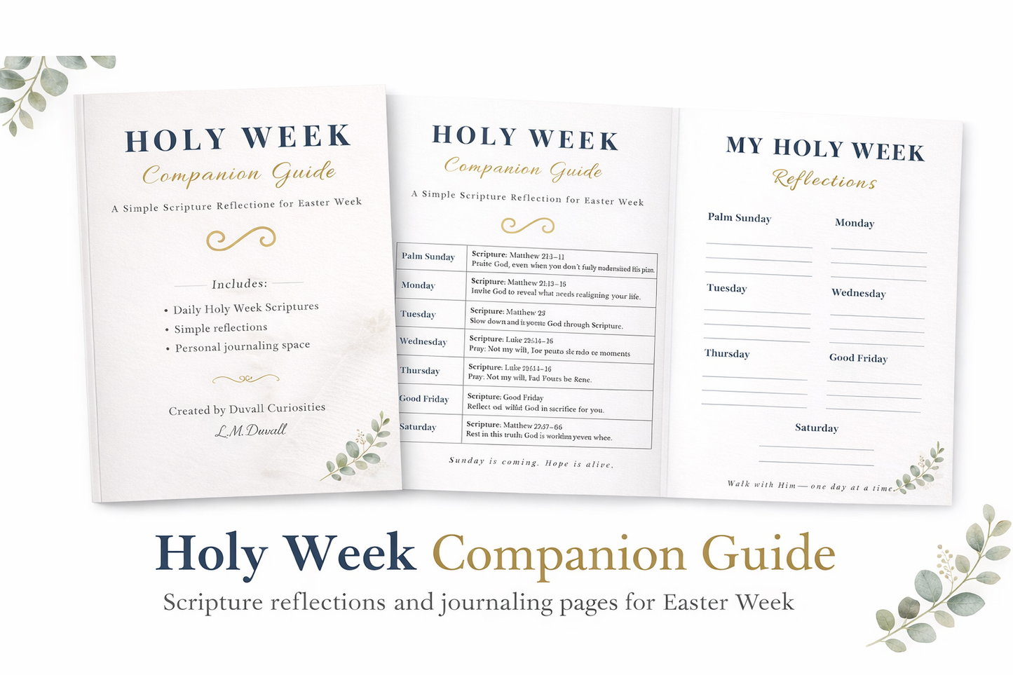 Holy Week Companion Guide printable preview showing cover, Scripture guide, and reflection journaling pages for Easter
