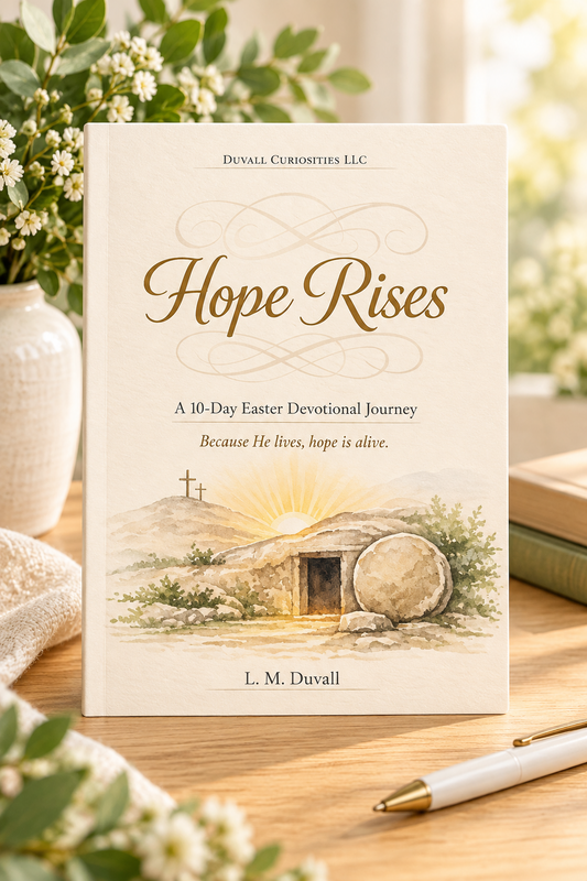 Hope Rises 10-Day Easter devotional featuring an empty tomb and sunrise, displayed in a warm spring setting.