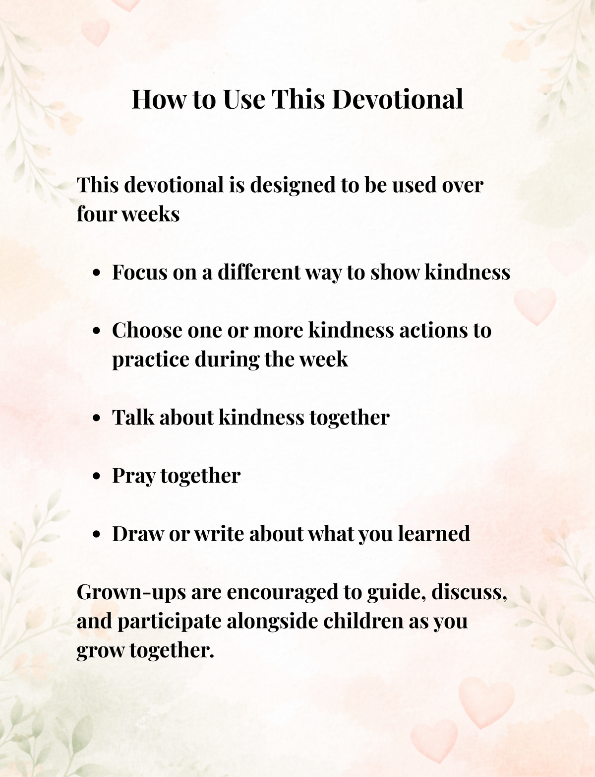 How to Use This Devotional page from Small Acts. Big Love. explaining the 4-week format with kindness activities, discussion, prayer, and reflection for children and grown-ups.