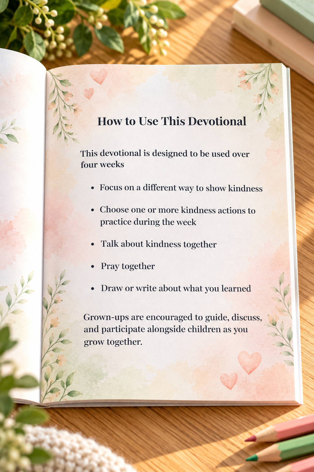 Open paperback of Small Acts. Big Love., a 4-week children’s Christian devotional by L. M. Duvall, displaying the ‘How to Use This Devotional’ page with instructions for practicing kindness, praying, and reflecting together, surrounded by soft watercolor florals, greenery, and colored pencils on a light oak tabletop.