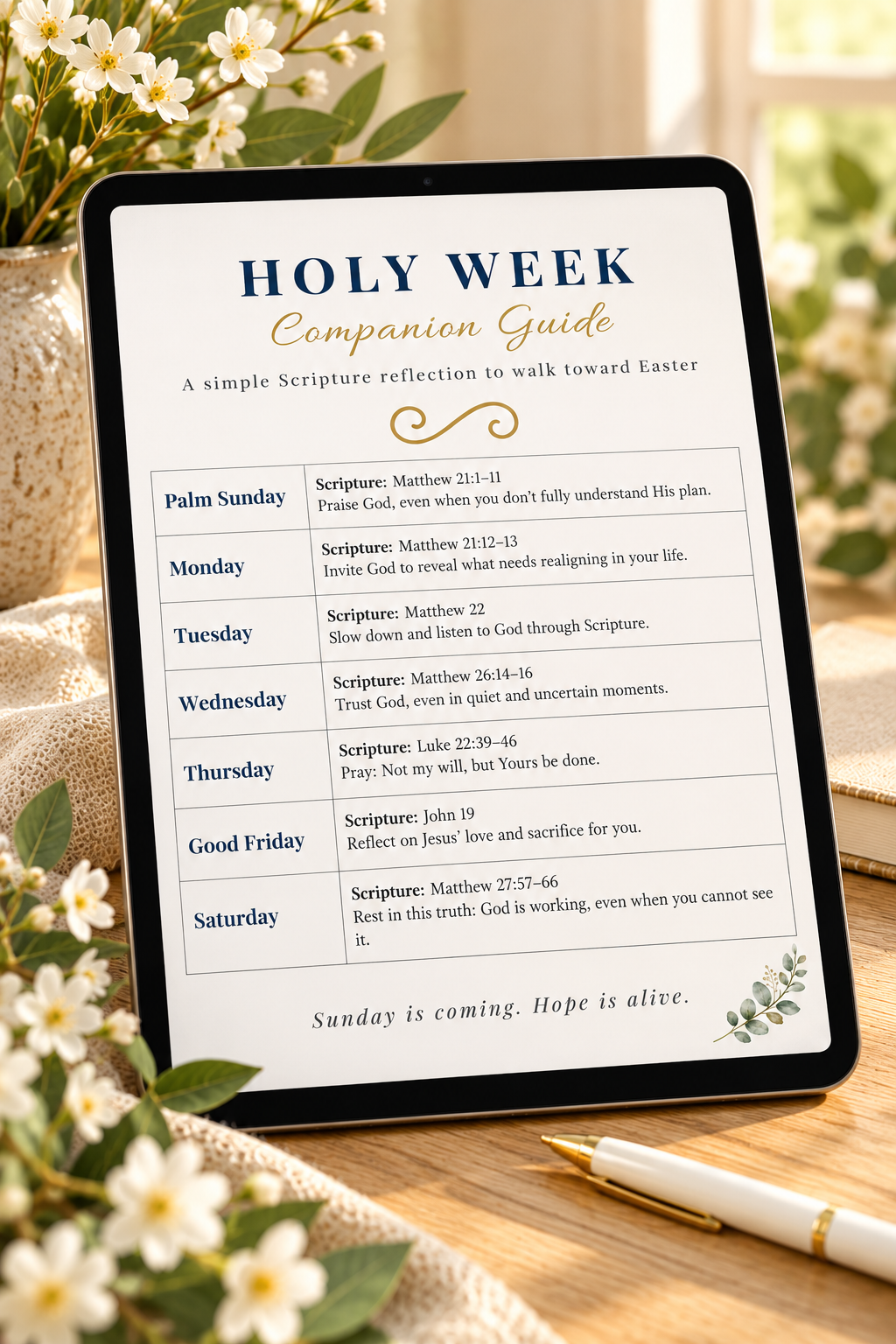 Holy Week Companion Guide displayed on a tablet with daily Scripture and reflection prompts from Palm Sunday through Holy Saturday.