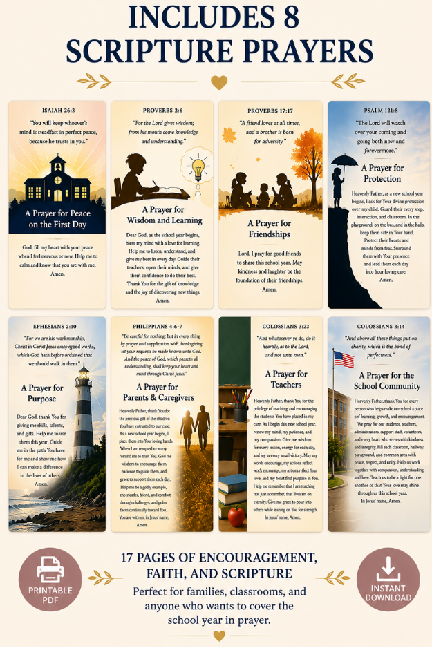 Printable Christian prayer cards for back to school with eight Scripture prayers for students, families, teachers, and classrooms.