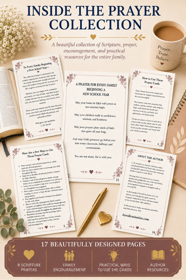 Inside pages of the printable Back-to-School Prayer Collection with family prayers, encouragement, and practical faith resources.
