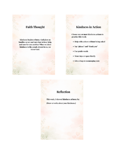 Collage of interior pages from Small Acts. Big Love. showing Faith Thought, Kindness in Action, and Reflection layouts with soft watercolor background.