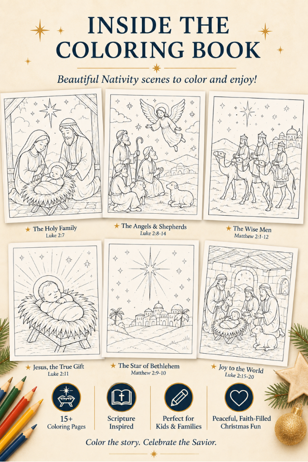 Inside The True Gift of Christmas Nativity Coloring Book, showing sample coloring pages of the Holy Family, shepherds, wise men, baby Jesus, and the Star of Bethlehem.