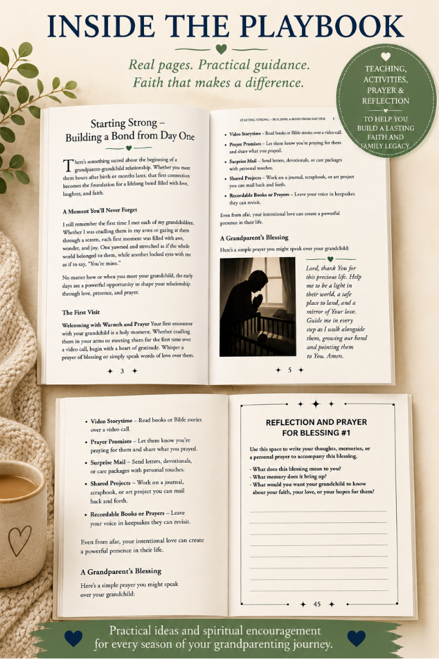 Inside The Grandparent Club Playbook showing sample pages with grandparenting guidance, activities, prayer, reflection, and faith-building ideas.