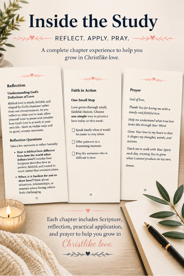 Fruit of the Spirit: LOVE Bible Study table of contents featuring 24 sections on biblical love, Christlike living, reflection, and spiritual growth.