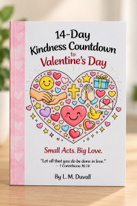 14-Day Kindness Countdown to Valentine’s Day faith-based kids activity book by L. M. Duvall on a light wood tabletop