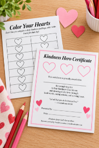 Color Your Hearts kindness tracker and Kindness Hero Certificate from the 14-Day Kindness Countdown children’s activity book.