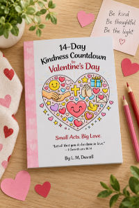 14-Day Kindness Countdown to Valentine’s Day children’s faith-based activity book surrounded by pink hearts and colored pencils.