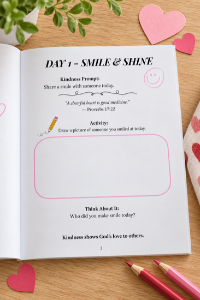 Day 1 Smile & Shine interior activity page from the 14-Day Kindness Countdown, featuring a kindness prompt, Scripture, drawing activity, and reflection question.