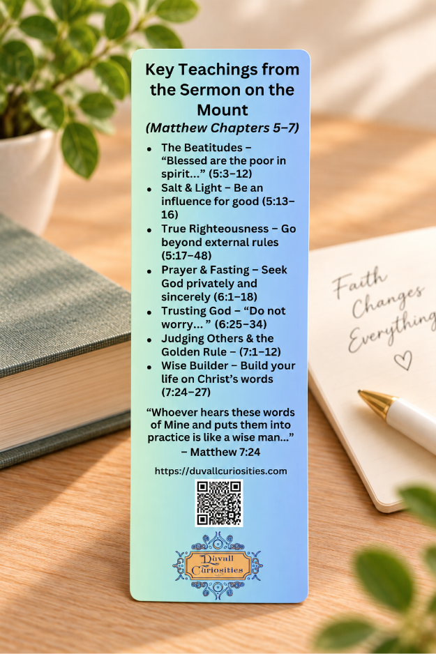 Back of Lessons from the Mountainside Christian bookmark featuring key Sermon on the Mount teachings from Matthew 5–7.