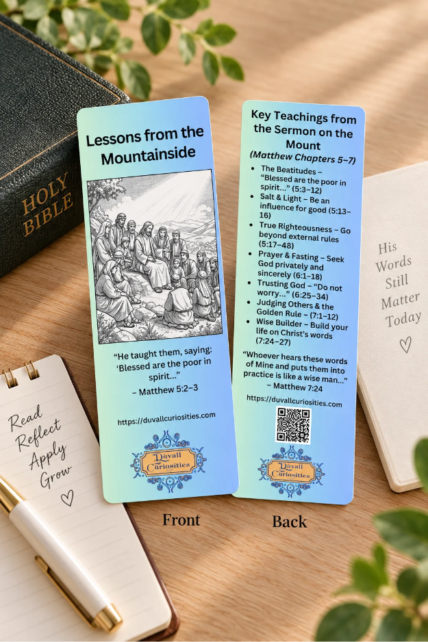 Front and back of Lessons from the Mountainside Christian bookmark featuring Jesus teaching and key Sermon on the Mount lessons from Matthew 5–7.