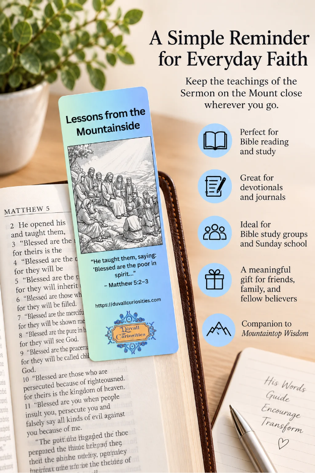 Lessons from the Mountainside Christian bookmark displayed in a Bible, highlighting Sermon on the Mount teachings for Bible study, devotionals, and gifts.