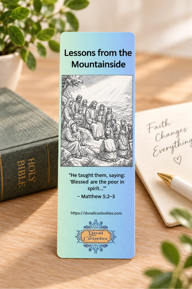 Lessons from the Mountainside Christian bookmark featuring Jesus teaching the Sermon on the Mount and Matthew 5:2–3.