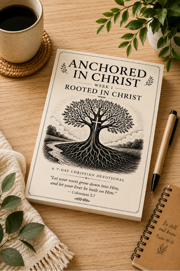 Anchored in Christ Week 1: Rooted in Christ 7-day Christian devotional displayed on a light wood desk with greenery, a pen, journal, and coffee.