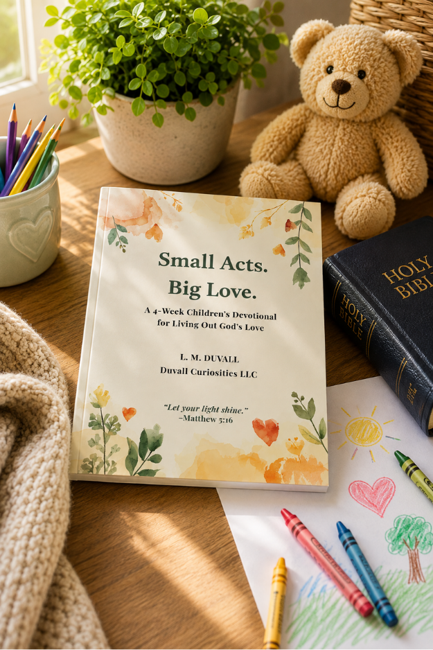 Small Acts. Big Love. children’s devotional displayed with a Bible, colored pencils, crayons, teddy bear, and child’s drawing in a warm faith-based setting.