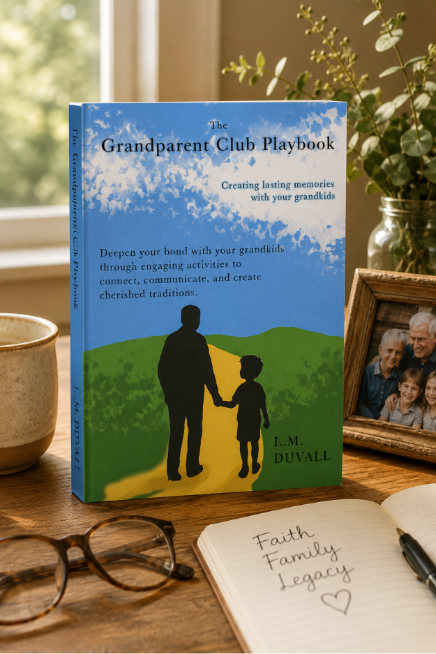 The Grandparent Club Playbook by L. M. Duvall displayed in a warm family setting with a framed family photo, journal, reading glasses, and coffee.