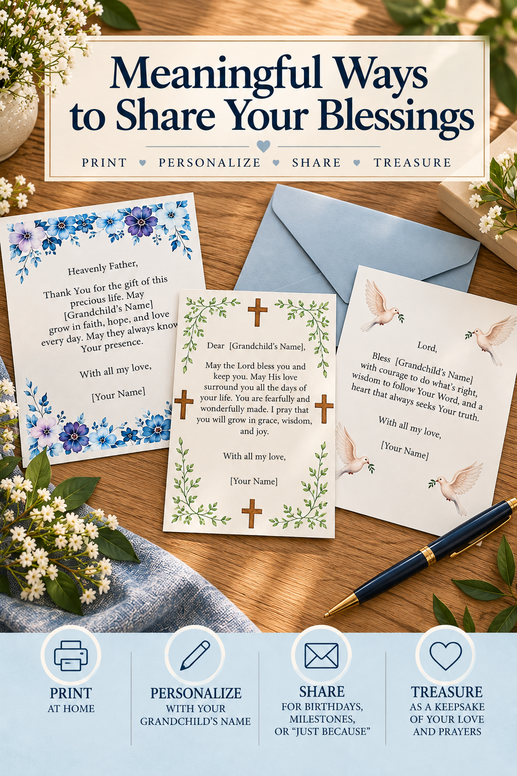 Grandparent Blessing Cards printable collection by L. M. Duvall, featuring three Christian blessing cards with blue floral, green botanical, and dove designs on a warm wooden tabletop. Image highlights ways to print, personalize, share, and treasure the cards as meaningful expressions of faith, love, and encouragement for grandchildren.