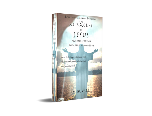 3D mockup of The Miracles of Jesus: Powerful Lessons on Faith, Trust, and God’s Love by L. M. Duvall, showing a peaceful silhouette of Jesus standing with arms raised.