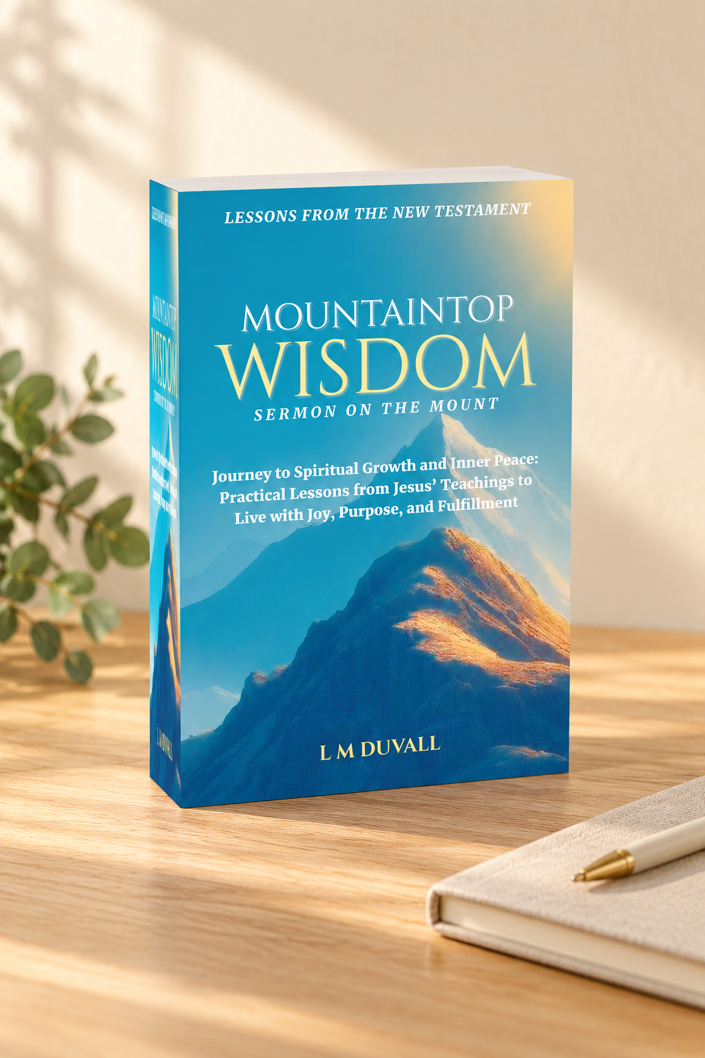 Mountaintop Wisdom Sermon on the Mount Bible study by L. M. Duvall on a light-oak table with greenery, journal, and pen.