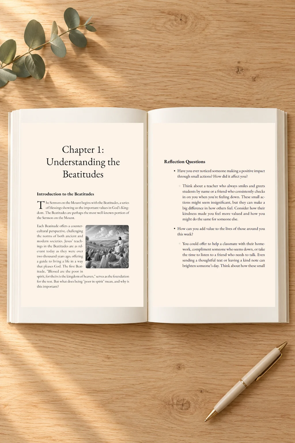 Open Mountaintop Wisdom Bible study showing the Beatitudes chapter introduction and guided reflection questions on a light-oak table.
