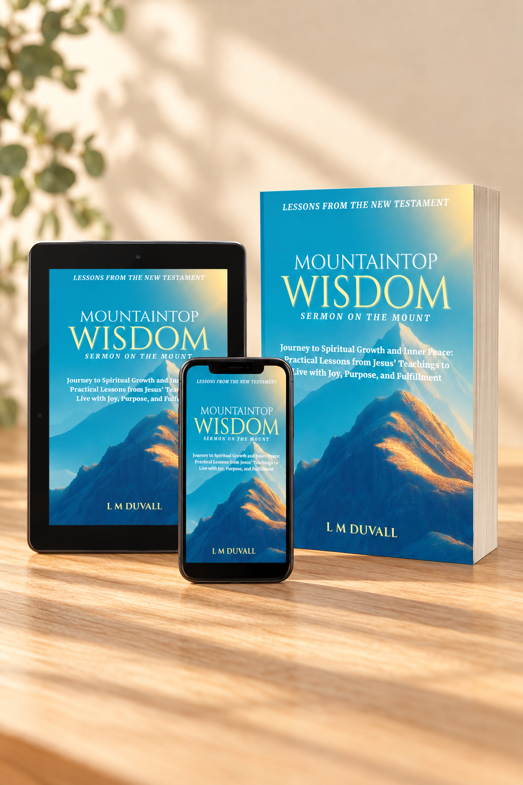 Mountaintop Wisdom Bible study shown in paperback, tablet, and smartphone formats on a light-oak table with warm natural lighting.