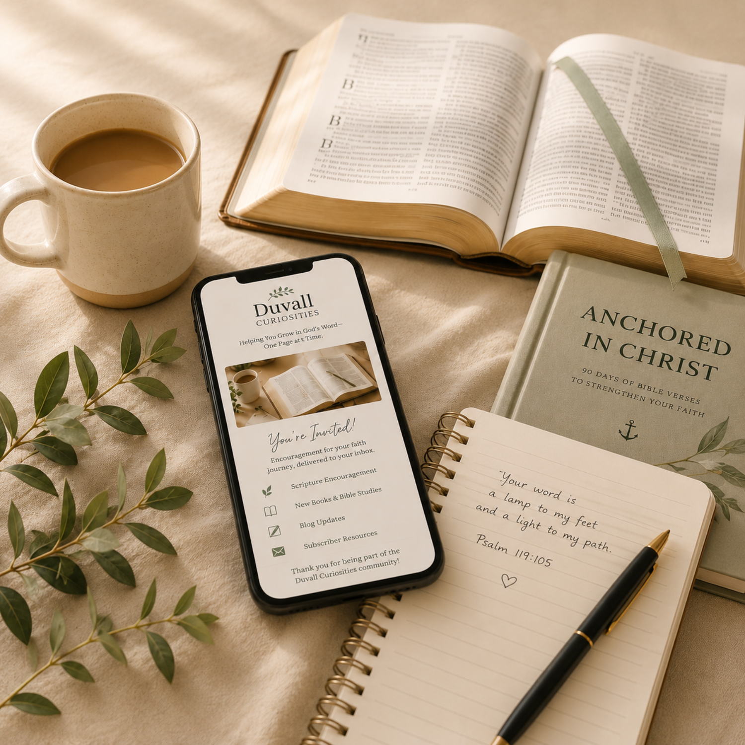 Open Bible, Anchored in Christ devotional, journal, coffee, and the L. M. Duvall newsletter invitation in a peaceful Christian study setting.