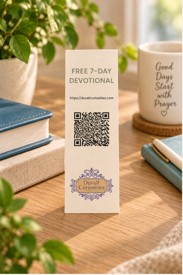 Back of One Day at a Time Christian bookmark featuring a QR code for a free 7-day devotional from Duvall Curiosities.