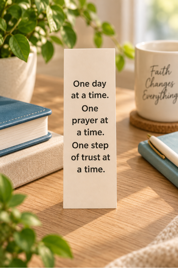 One Day at a Time Christian encouragement bookmark featuring a message about prayer and trust, displayed on a warm wooden table.