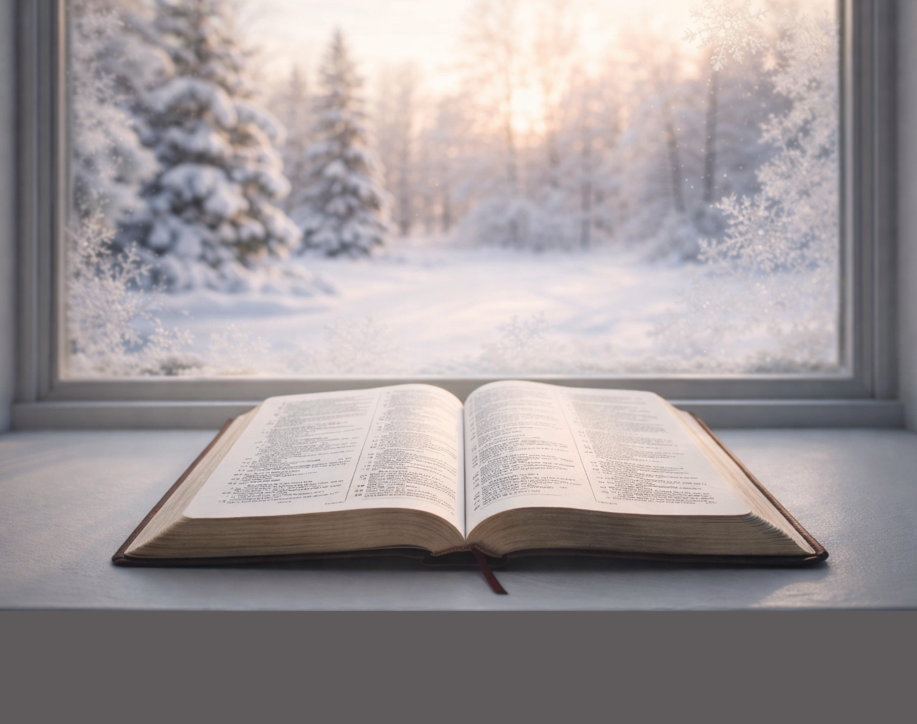 Open book on a windowsill with a snowy landscape outside