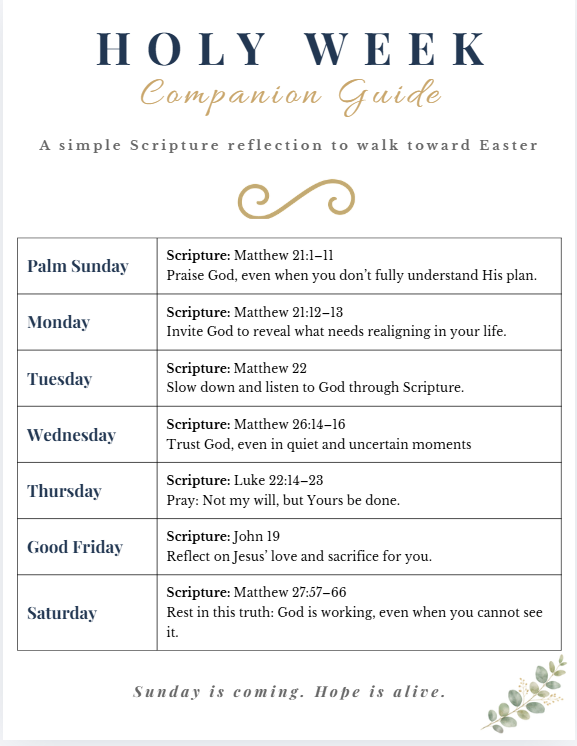 Holy Week Companion Guide page with daily Scripture readings and reflections from Palm Sunday through Saturday for Easter preparation