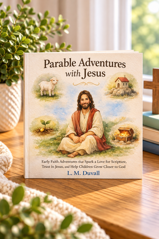 Parable Adventures with Jesus by L. M. Duvall, a Christian children's book for ages 4–7, displayed on a warm wooden tabletop with soft natural lighting and greenery. The watercolor cover features Jesus surrounded by illustrations of a lamb, mustard seed, house on a rock, and hidden treasure, representing biblical parables that teach children about faith, kindness, and God's love.