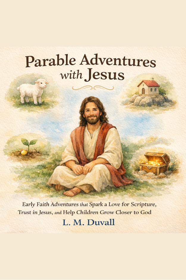 Book cover of 'Parable Adventures with Jesus' featuring a illustration of Jesus sitting on the ground with religious symbols around.