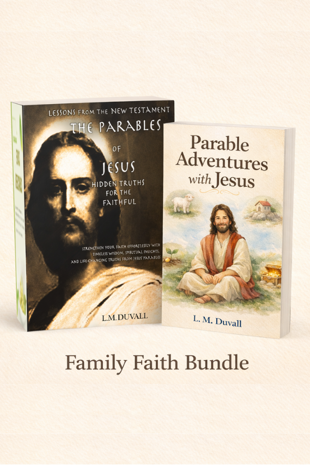 Parables of Jesus Family Faith Bundle featuring two books on a soft cream background, including an adult Bible study and a children’s Christian book designed for shared faith learning.