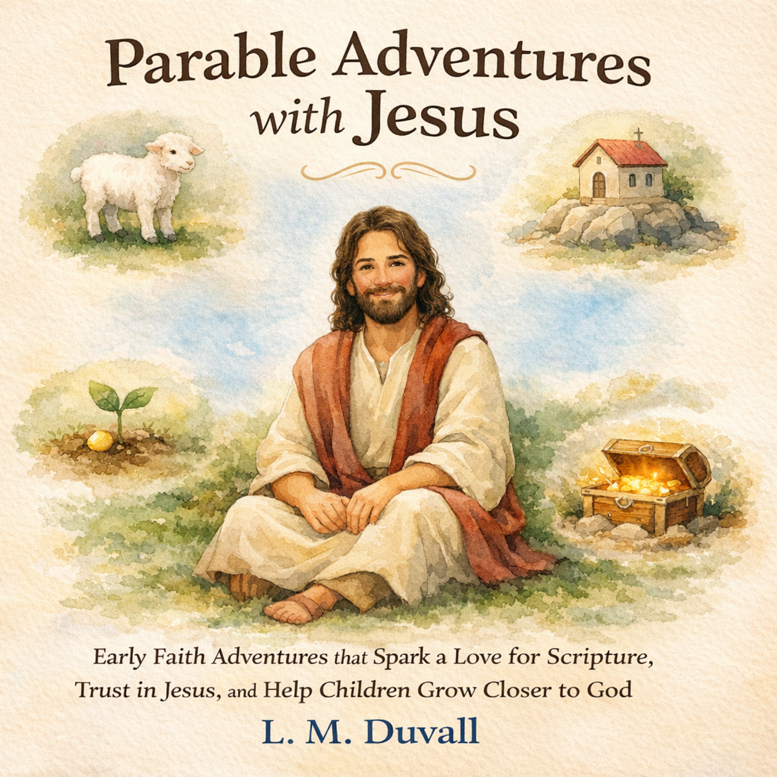 Book cover of 'Parable Adventures with Jesus' featuring a illustration of Jesus sitting on the ground with religious symbols around.