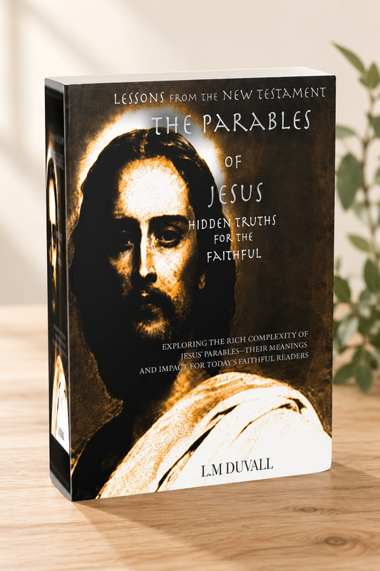 3D paperback of The Parables of Jesus by L. M. Duvall displayed on a light oak table against a warm cream background.