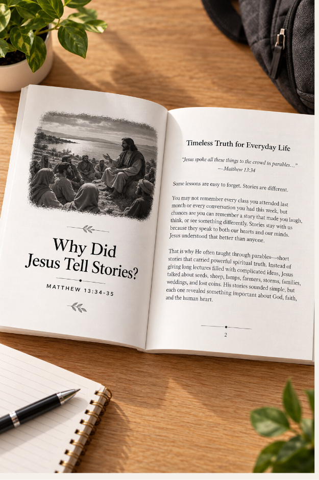 Open Parables of Jesus for Teens Bible study book by L. M. Duvall displayed on a teen study desk.