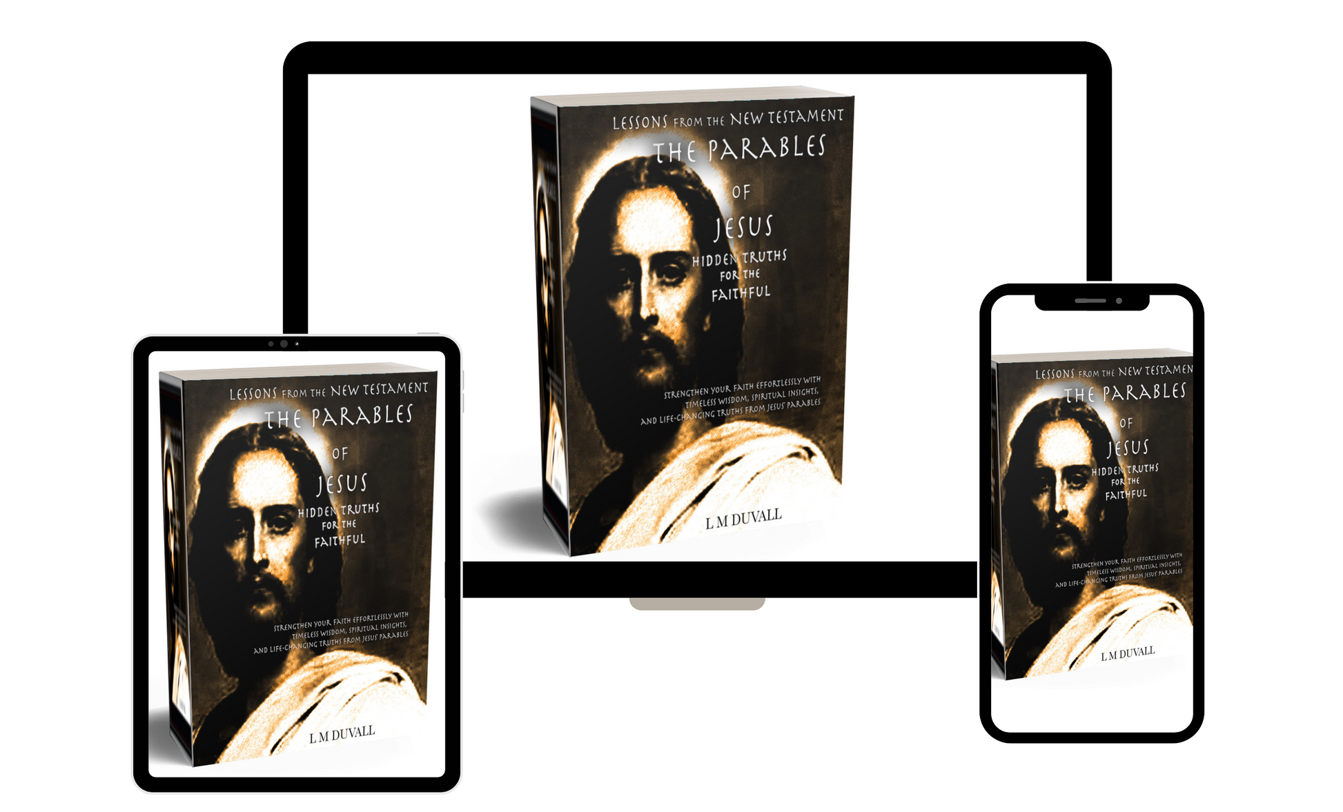 Book titled 'The Parables of Jesus' displayed on a tablet, phone, and bookshelf.