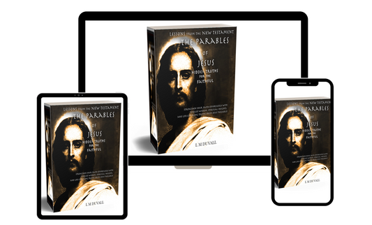 Book titled 'The Parables of Jesus' displayed on a tablet, phone, and bookshelf.