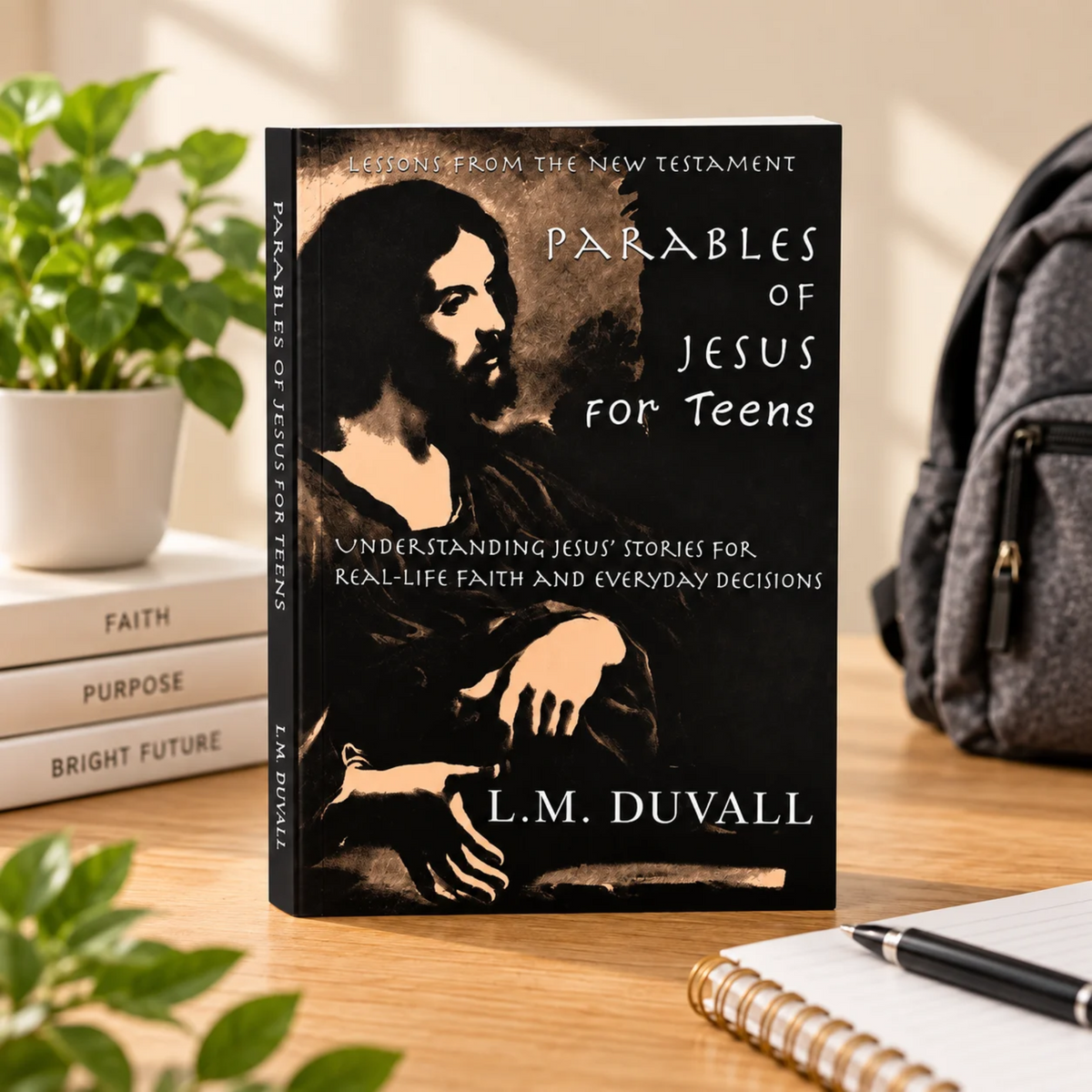 Parables of Jesus for Teens by L. M. Duvall displayed on a desk with a notebook and backpack.