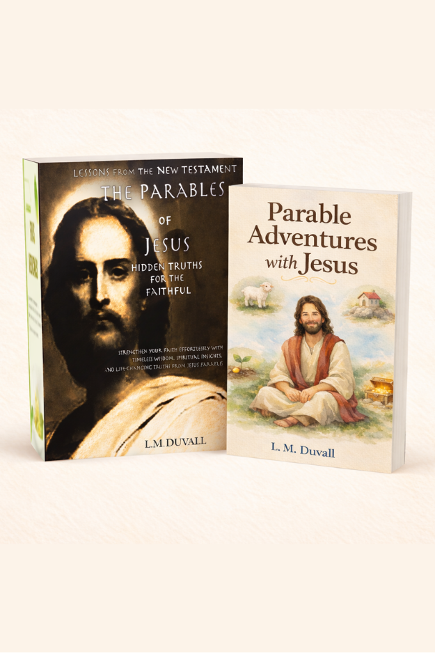 Two Christian books displayed together on a soft cream background, featuring an adult Bible study on the parables of Jesus and a children’s parables book designed for family faith learning.