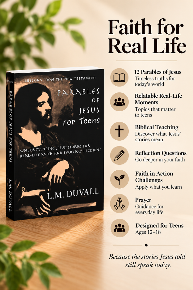 Parables of Jesus for Teens by L. M. Duvall with faith-building features including biblical teaching, reflection questions, prayer, and practical challenges.