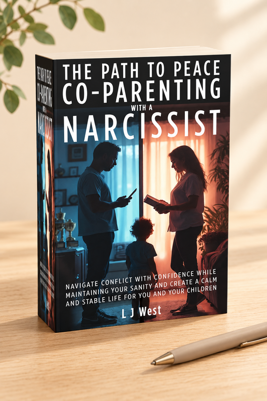 3D paperback mockup of The Path to Peace: Co-Parenting with a Narcissist by L J West, featuring two adults standing apart with a child between them.